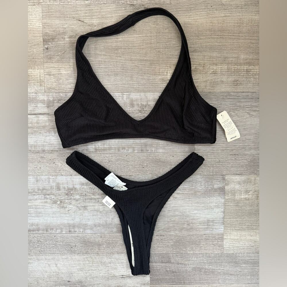 Aerie Women’s S Bottom / M Top Thong Bikini Black Ribbed New NWT